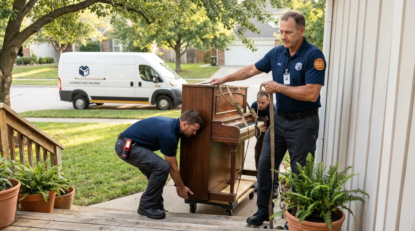 Licensed piano movers securing grand piano in Rheems, PA