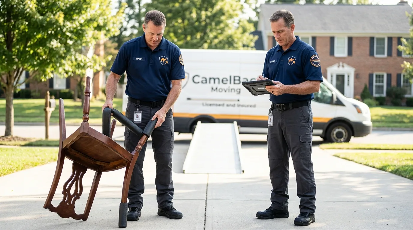 Movers inspecting furniture for damage prevention before loading in Rheems, PA
