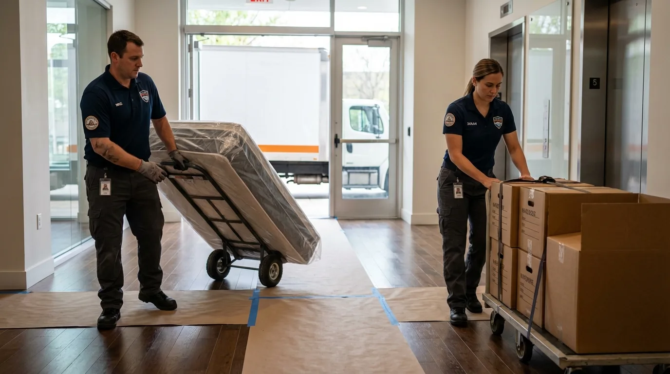 Professional apartment movers loading elevator in Rheems, PA